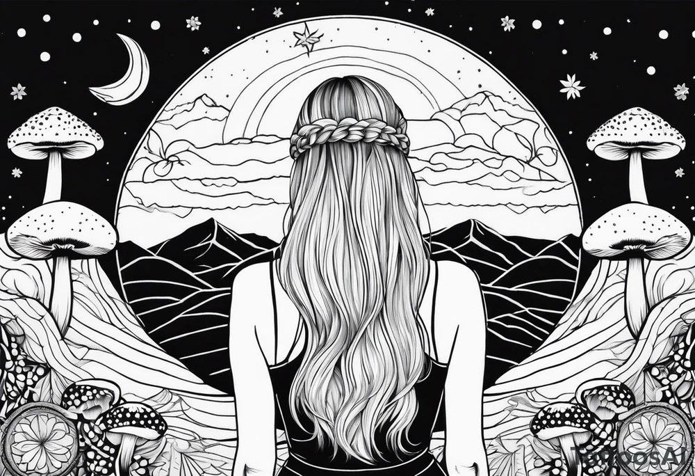 Straight blonde hair girl facing away toward mountains surrounded by mushrooms crescent moon mandala circular design black and white striped dress "8" braided into hair tattoo idea