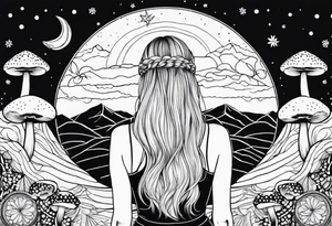 Straight blonde hair girl facing away toward mountains surrounded by mushrooms crescent moon mandala circular design black and white striped dress "8" braided into hair tattoo idea