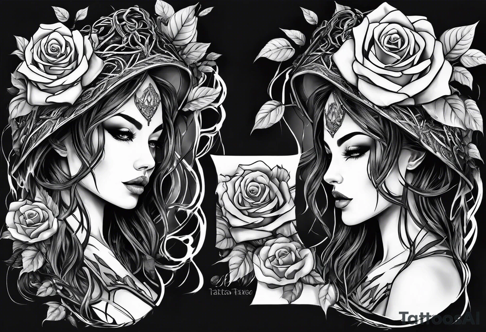 tattoo fool sleeve, tree roots break out of the chains, broken mask, gothic girl, roses tattoo idea