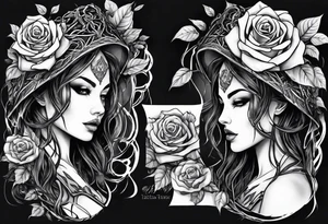 tattoo fool sleeve, tree roots break out of the chains, broken mask, gothic girl, roses tattoo idea