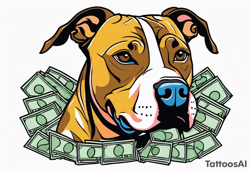 A pit bull with wads of cash in his mouth and the letters “A.O.” Over the dog tattoo idea