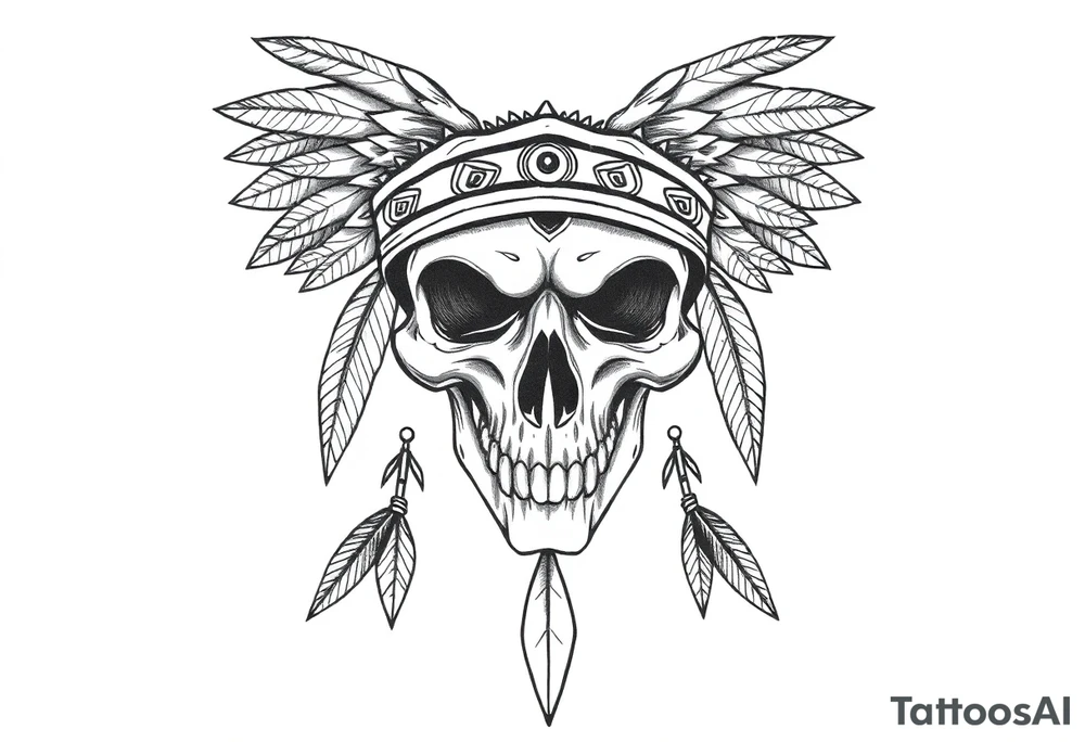 Native American skull with head dress and arrows below tattoo idea