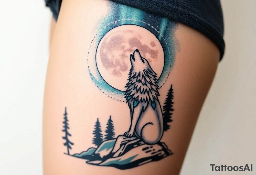 lone wolf howling at full moon with northern lights backdrop tattoo idea