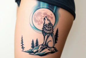 lone wolf howling at full moon with northern lights backdrop tattoo idea