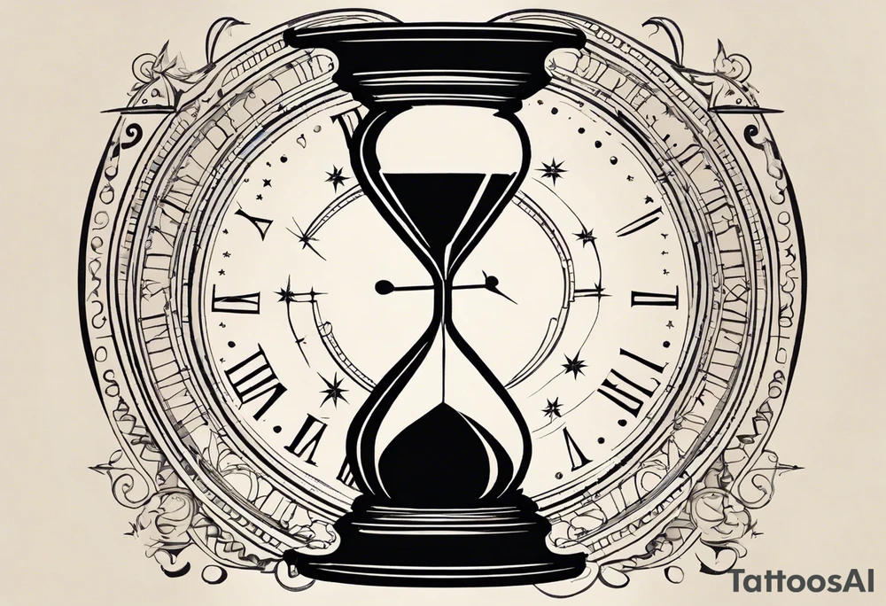 I want a tattoo-inspired design for a t-shirt that features a bold and detailed hourglass with a hand clock in the center, using Amazigh numerals for the clock numbers. The hourglass should have a strong, shaded look, with sharp lines resembling tattoo art. Planets and stars should orbit around the hourglass, giving it a cosmic and timeless feel. The design should be intricate, focusing on the flow of time and the universe, with the planets adding depth and movement. The overall aesthetic should be bold and detailed, in a blackwork tattoo style, without any flowers."black and whit design tattoo idea