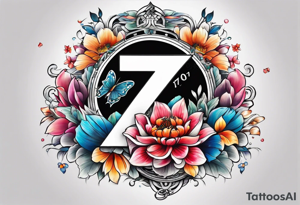 The number seven surrounded by colorful flowers tattoo idea