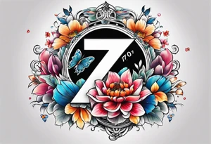 The number seven surrounded by colorful flowers tattoo idea