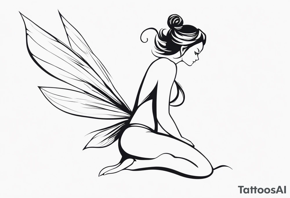 Minimalistic, monochromatic fairy with a tail flying to the left in a fetal position, leaning and looking in the same direction, with visible hands, embodying the 'Fairy Tail' logo aesthetic. tattoo idea