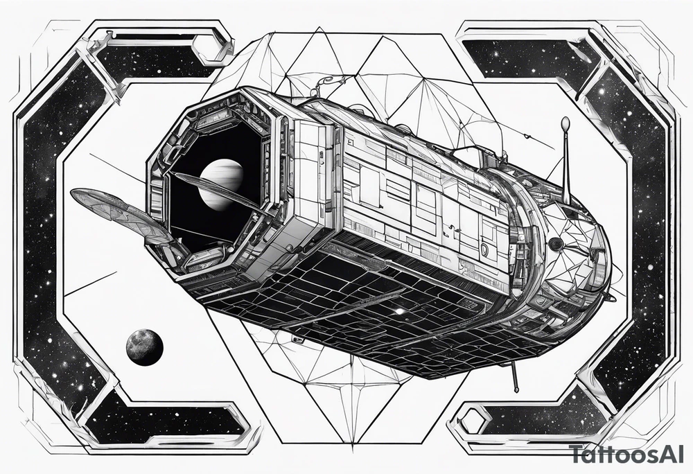 The voyager spacecraft embedded in a hexagon outline tattoo idea