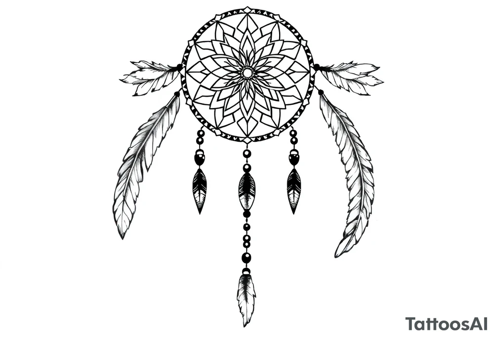 native dreamcatcher with flowing feathers and sacred beads tattoo idea
