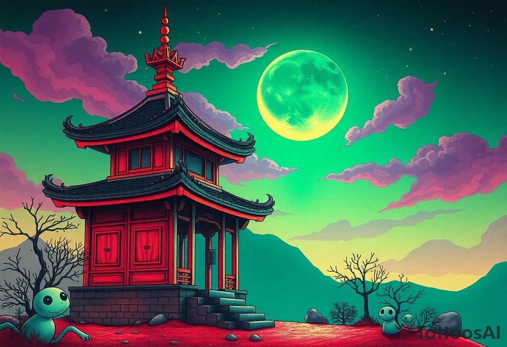 Tim Burton’s haunted pastel Tokyo shrine is abandoned and dripping with muted reds, dusty pinks, and eerie green glow.purple and cyan smokey clouds swirl in the crescent moonlit sky thats sprinkled with stars tattoo idea tattoo idea
