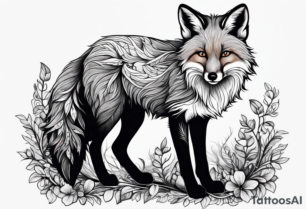 A playful fox with a bushy tail, set in a lush forest, illustrating cleverness and adaptability.” tattoo idea