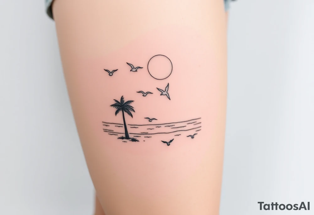 happy, peaceful, serene, timeless, ocean, sand, palm tree, seagulls, sun tattoo idea