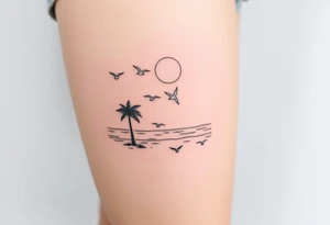 happy, peaceful, serene, timeless, ocean, sand, palm tree, seagulls, sun tattoo idea