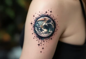 An Earth viewed from space in deep sapphire and viridian is surrounded by a black ink starfield. tattoo idea