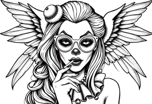 beautiful long hair pin up Clown Girl payasa  thug eyeglasses  angelic wings smoking a cigarette tattoo idea