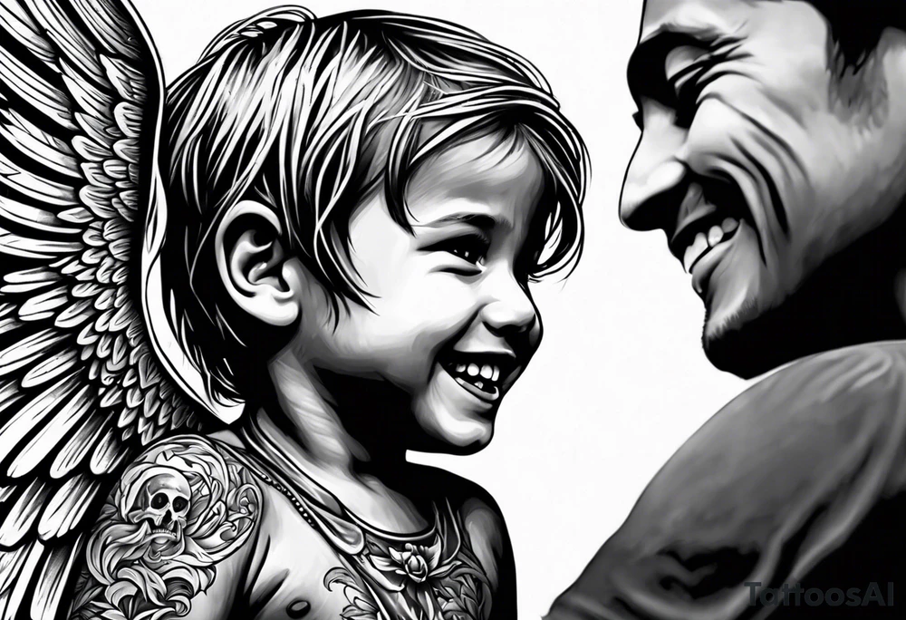 Kid smiling looking up at angel of death tattoo idea