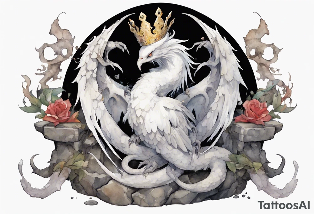a white bird-serpent hybrid, wearing a pewter crown on its head, resting on a stone throne tattoo idea