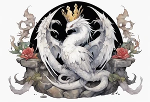 a white bird-serpent hybrid, wearing a pewter crown on its head, resting on a stone throne tattoo idea