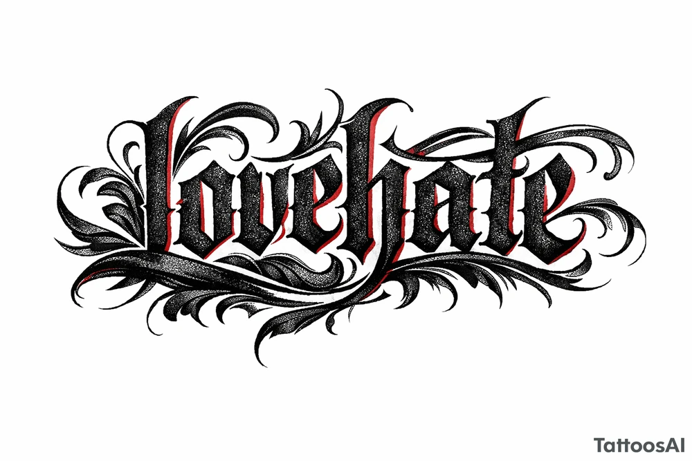 Textured font 'lovehate' in charcoal with deep red highlights. tattoo idea