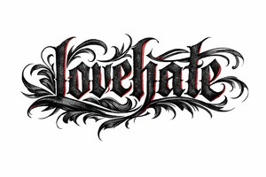 Textured font 'lovehate' in charcoal with deep red highlights. tattoo idea
