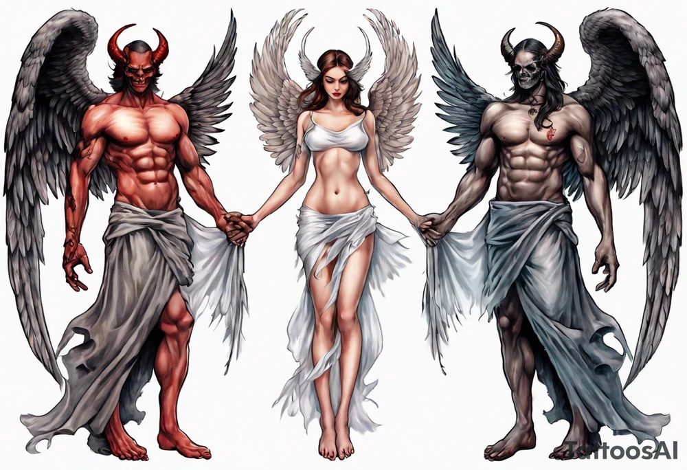 Demon holding an angel around her waist with her halo in his hands. He has angel wings, she has demon wings. tattoo idea