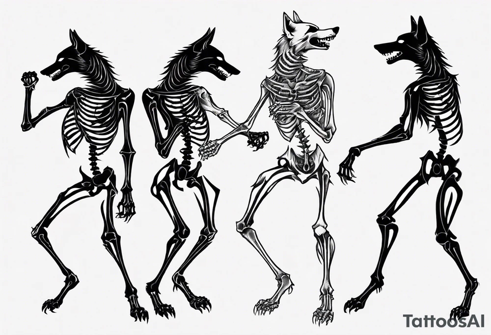 two wolf skeletons dancing tattoo idea