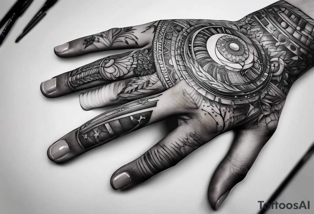 Interstellar tattoo showcasing forms of life on right hand tattoo idea