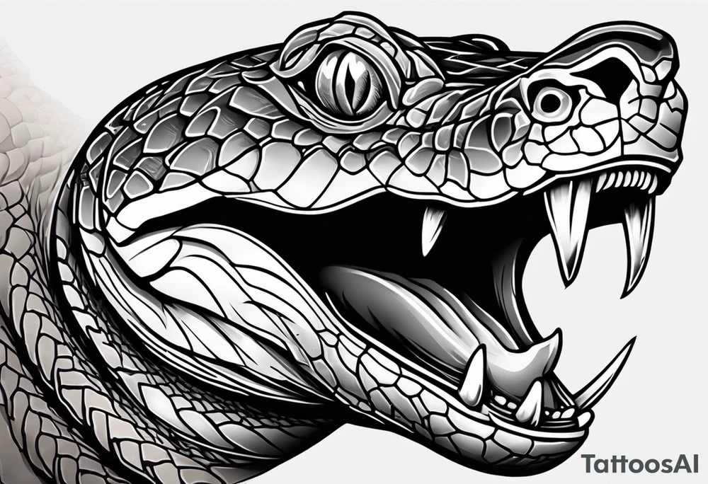 Copperhead with just the head turned up and mouth open, two fangs, black and white drawing with copper colored eye tattoo idea