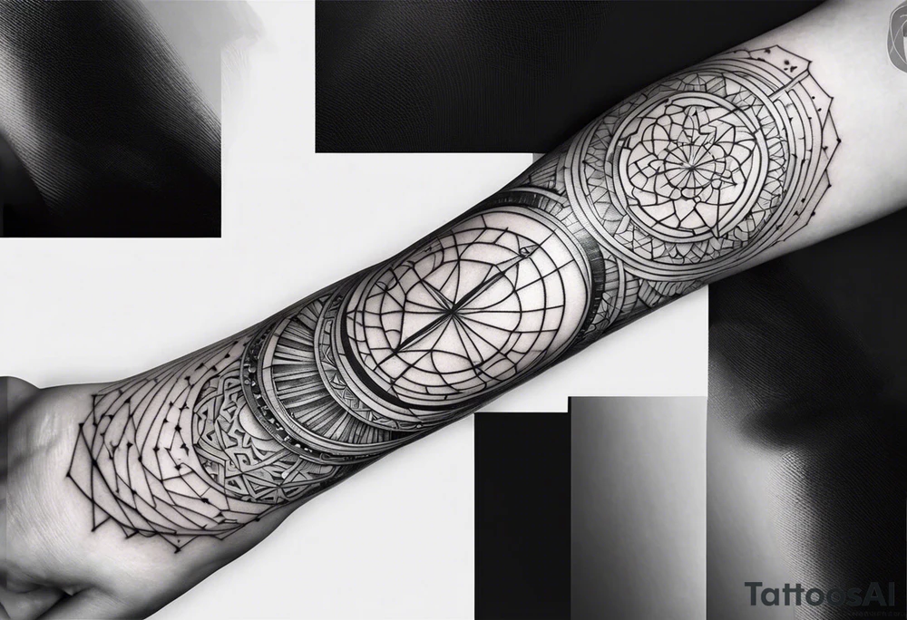 I want a linear geometrical tattoo along the arm with space between, comibining line and circle, refering to science, programmation and space tattoo idea