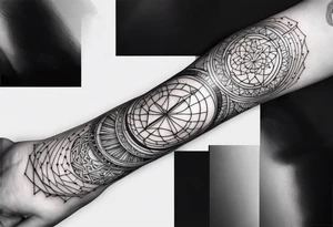 I want a linear geometrical tattoo along the arm with space between, comibining line and circle, refering to science, programmation and space tattoo idea