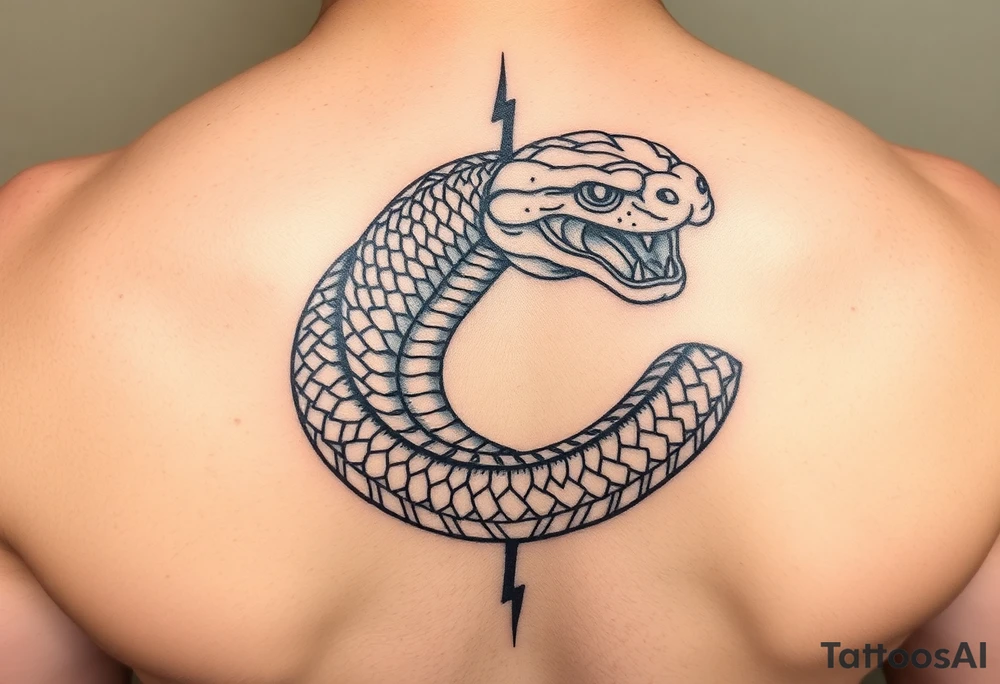 Detailed unique amazing looking snake who Battles the mental State derealisation. Elements like fire, water, or lightning. tattoo idea