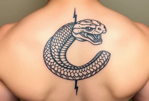 Detailed unique amazing looking snake who Battles the mental State derealisation. Elements like fire, water, or lightning. tattoo idea