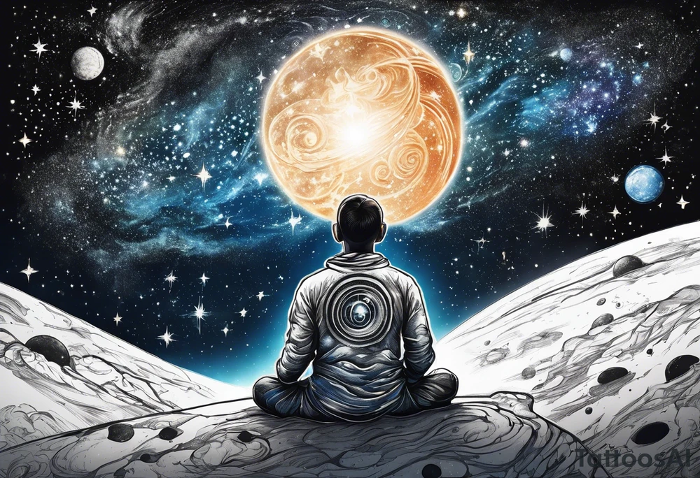 person meditating in space among the stars tattoo idea