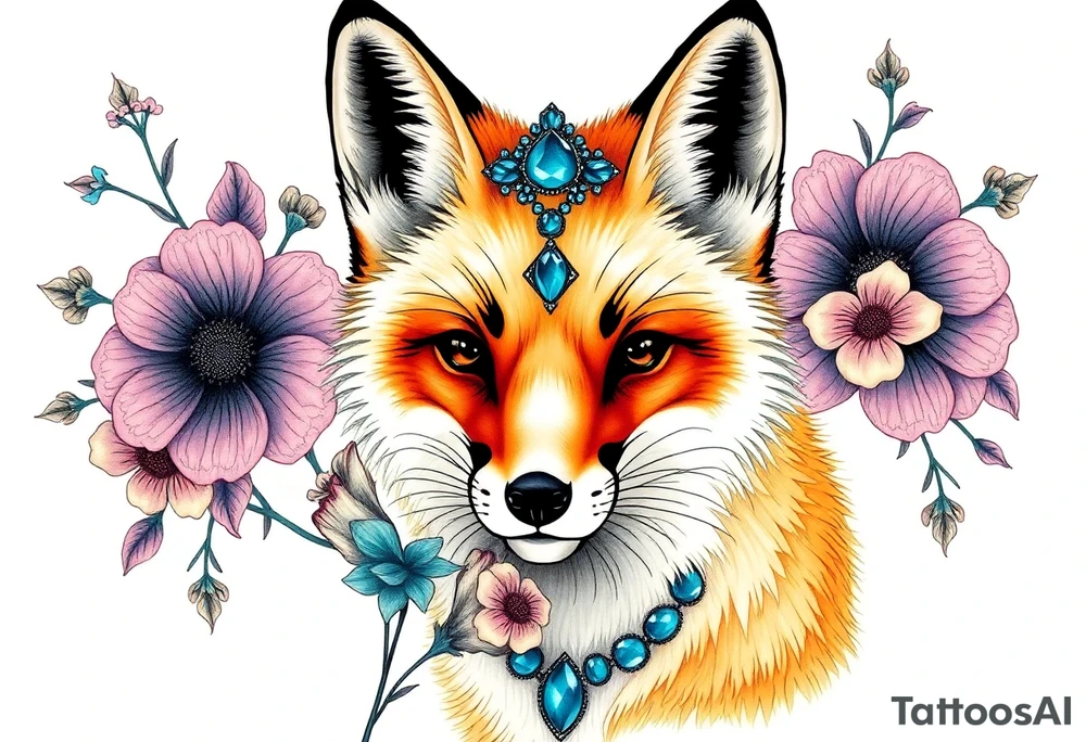 adult fox with blue jewelry smelling wild flowers tattoo idea