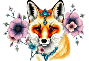 adult fox with blue jewelry smelling wild flowers tattoo idea