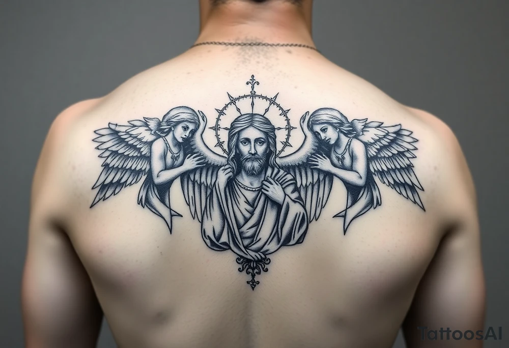 russian orthodox symmetrical guardian angel icon on left and right side of back with both angels holding up a jesus potrait tattoo idea