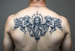 russian orthodox symmetrical guardian angel icon on left and right side of back with both angels holding up a jesus potrait tattoo idea