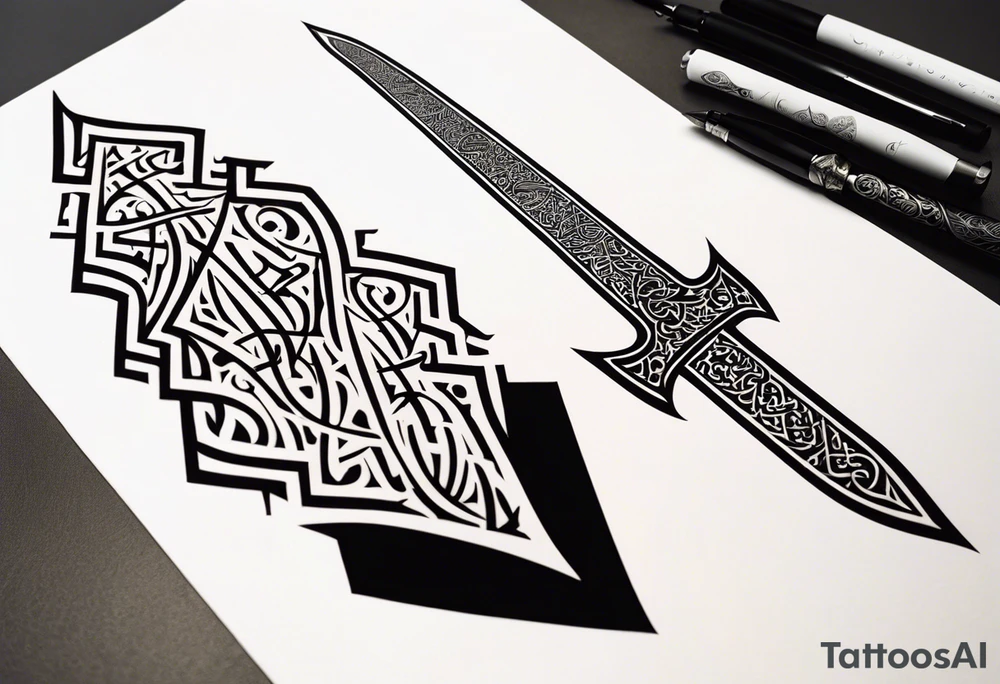 words in arabic calligraph in shape of sword tattoo idea