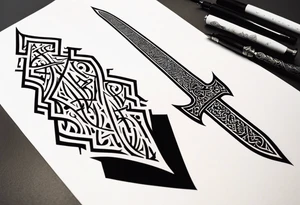 words in arabic calligraph in shape of sword tattoo idea