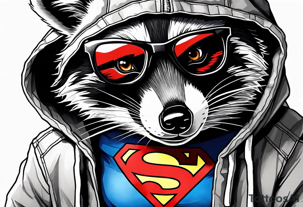 raccoon wearing a Superman hoodie tattoo idea