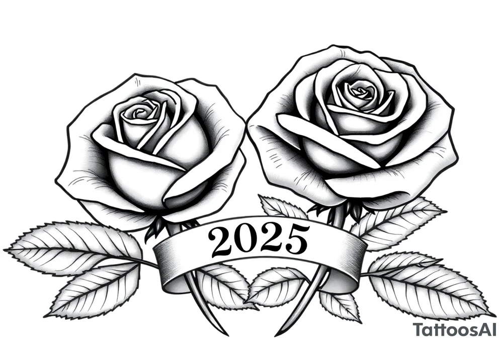 two beautiful large rose buds, one larger than the other, with lots and lots of leaves next to the rose buds, with one sitting slightly higher than the other, side-by-side.  Include a banner connecting the two roses with the year 2025 on it.   Use dark outlines with little shading. Remove all stems from the roses. tattoo idea