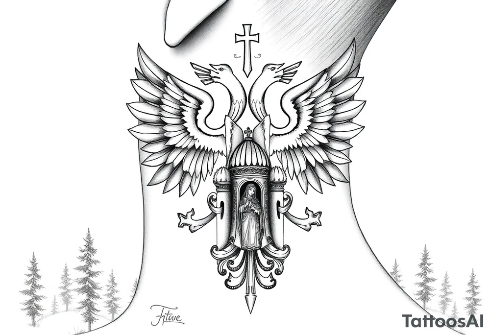 russian coat of arms double headed eagle traditional christian orthodox cross with a virgin mary stood in the entrance of a russian orthodox dome church on the side of the neck in a wilderness setting tattoo idea