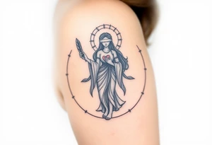 A blindfolded goddess standing in the center of a cosmic circle, with one hand holding a feather and the other a heart, symbolizing fairness in karma. tattoo idea