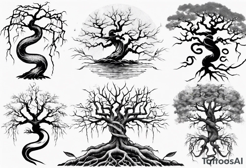 a bare tree with a serpent weaving through the tree roots tattoo idea