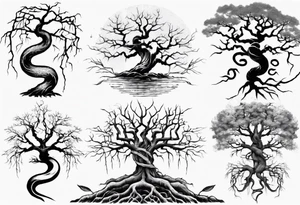 a bare tree with a serpent weaving through the tree roots tattoo idea