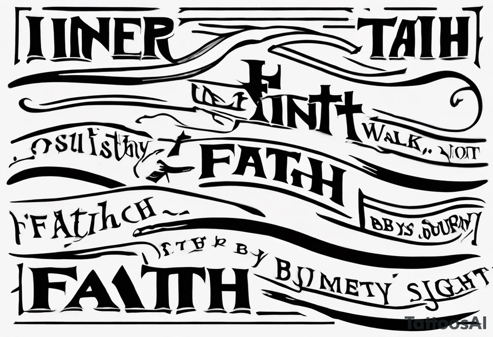 Horizontal inner bicep tattoo. “walk by faith, not by sight” stairwell wrapping around the quote. This design captures the essence of the journey guided by faith. tattoo idea