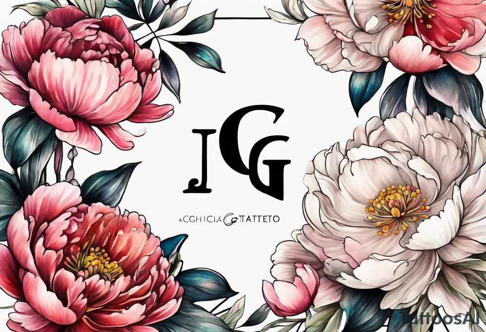 Initials G and J surrounded by peonies and ranunculus flowers tattoo idea