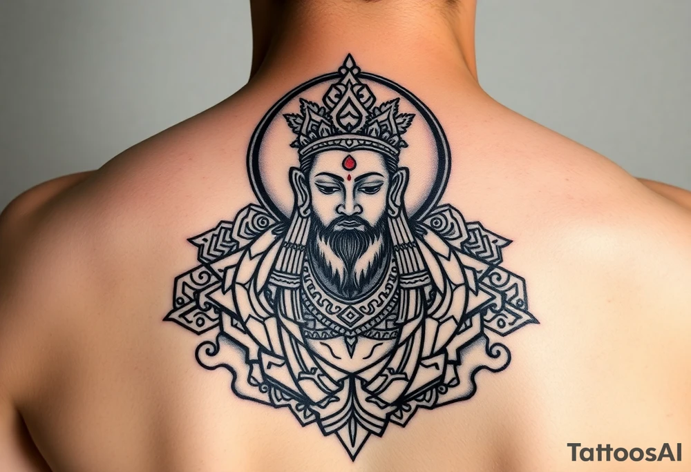 "Tibetan thangka tattoo but deity is a crypto wallet with QR face. Geometric patterns, black/red ink." tattoo idea