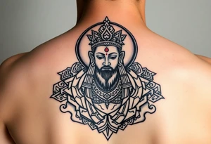 "Tibetan thangka tattoo but deity is a crypto wallet with QR face. Geometric patterns, black/red ink." tattoo idea